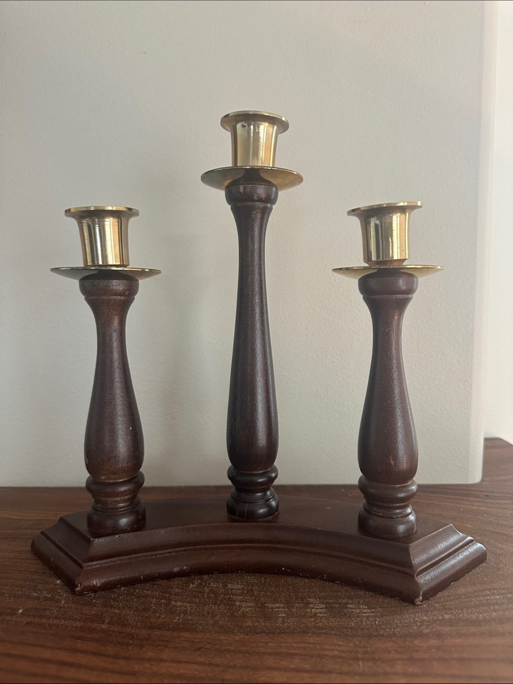Vintage Mid-Century Modern Wood & Brass 3-Tier Candle Holder - Curved Candelabra
